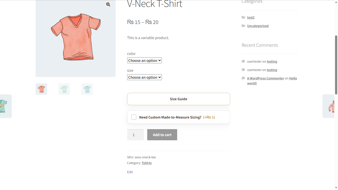 WooCommerce product page with Size Guide button