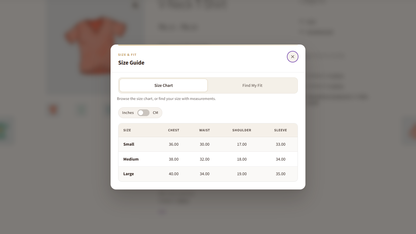 Size Guide modal showing size chart in inches
