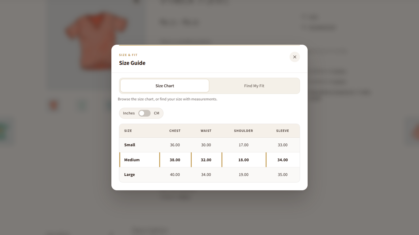 Find My Fit recommending a size in the Size Guide