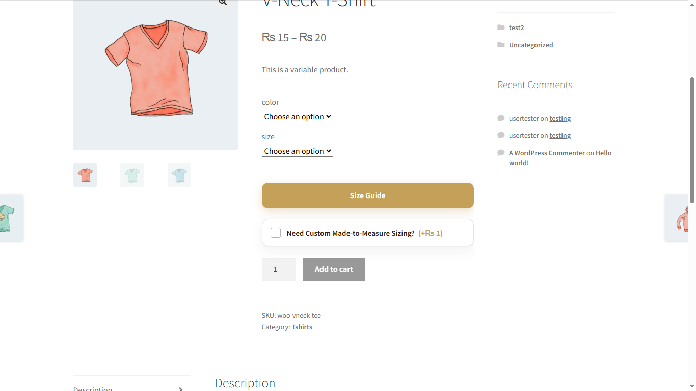 Product page after Use this size applies a recommended variation