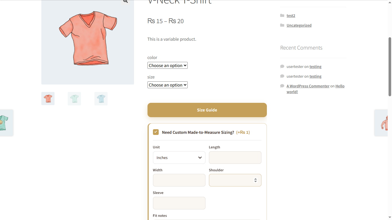 Made-to-Measure measurement fields on the product page