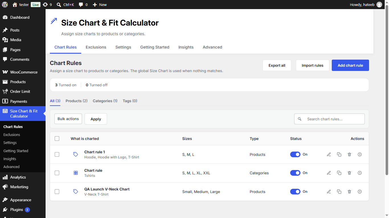 Chart Rules list in WordPress admin for Size Chart & Fit Calculator