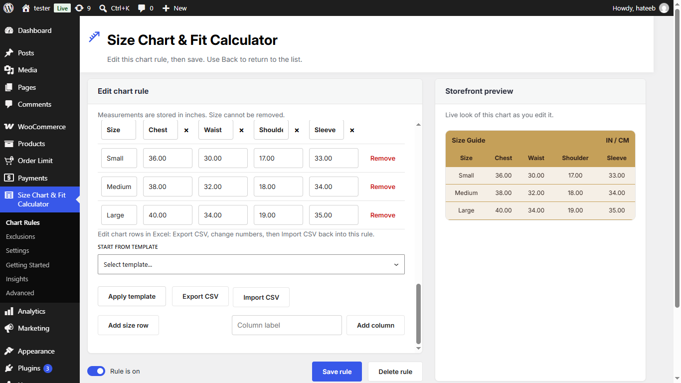 Chart rule editor with Export CSV and Import CSV tools