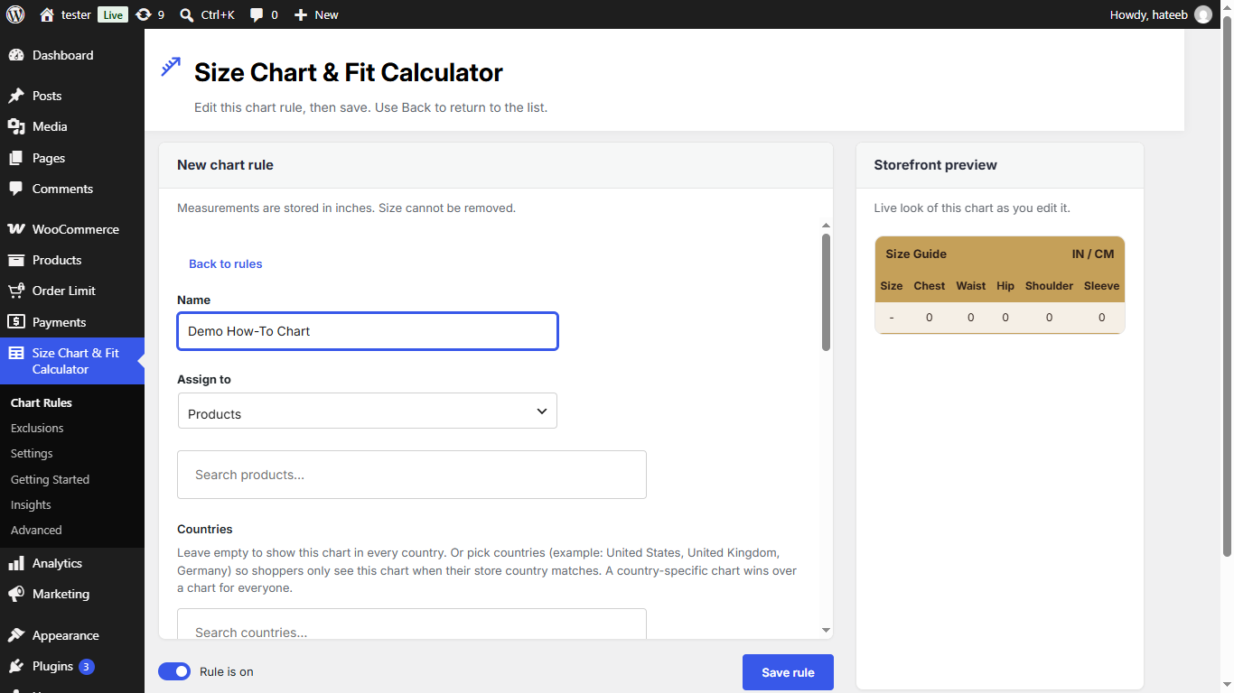 New chart rule editor with live storefront preview